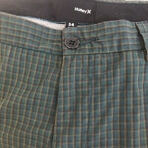 Hurley Chino Shorts Men's Size 34 Green Plaid 10" Inseam Casual Surfer Beach